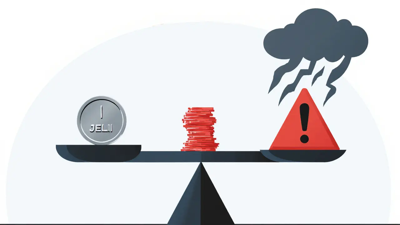 Minimalist cartoon of a balance scale weighing JELLI token against risk symbols.