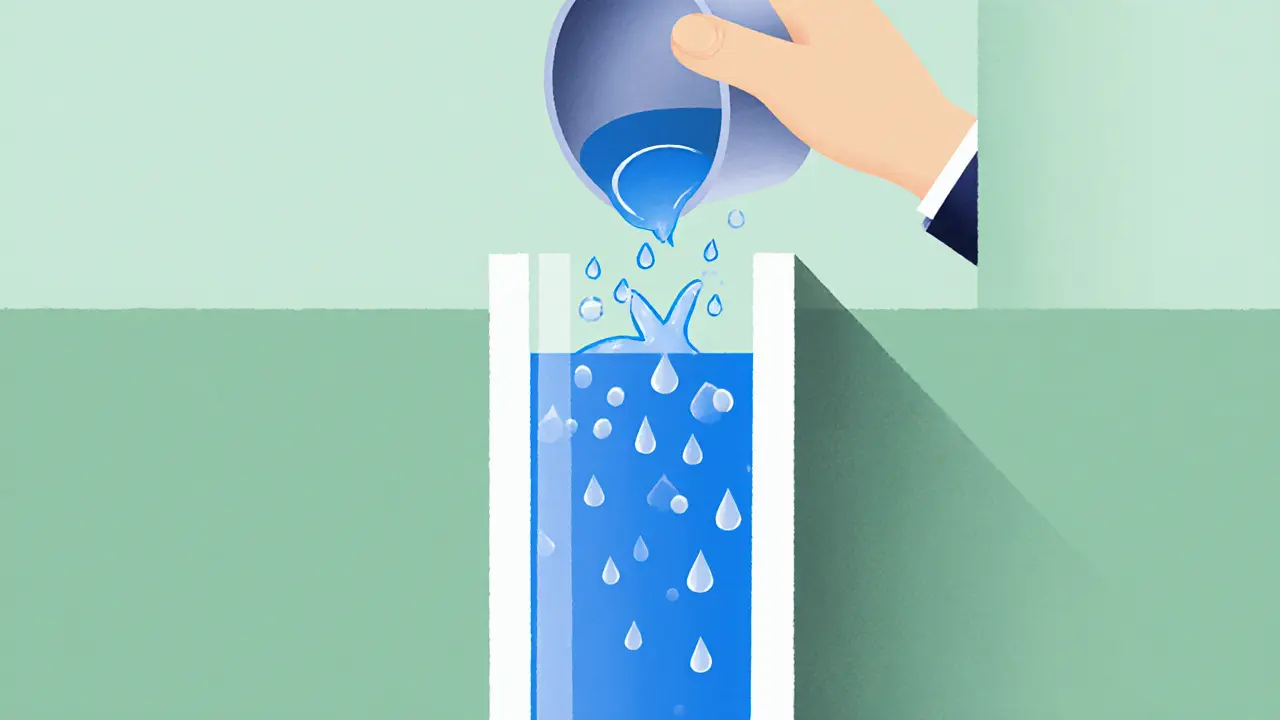 Minimalist illustration of a thin Uniswap pool with a large pour causing splash.