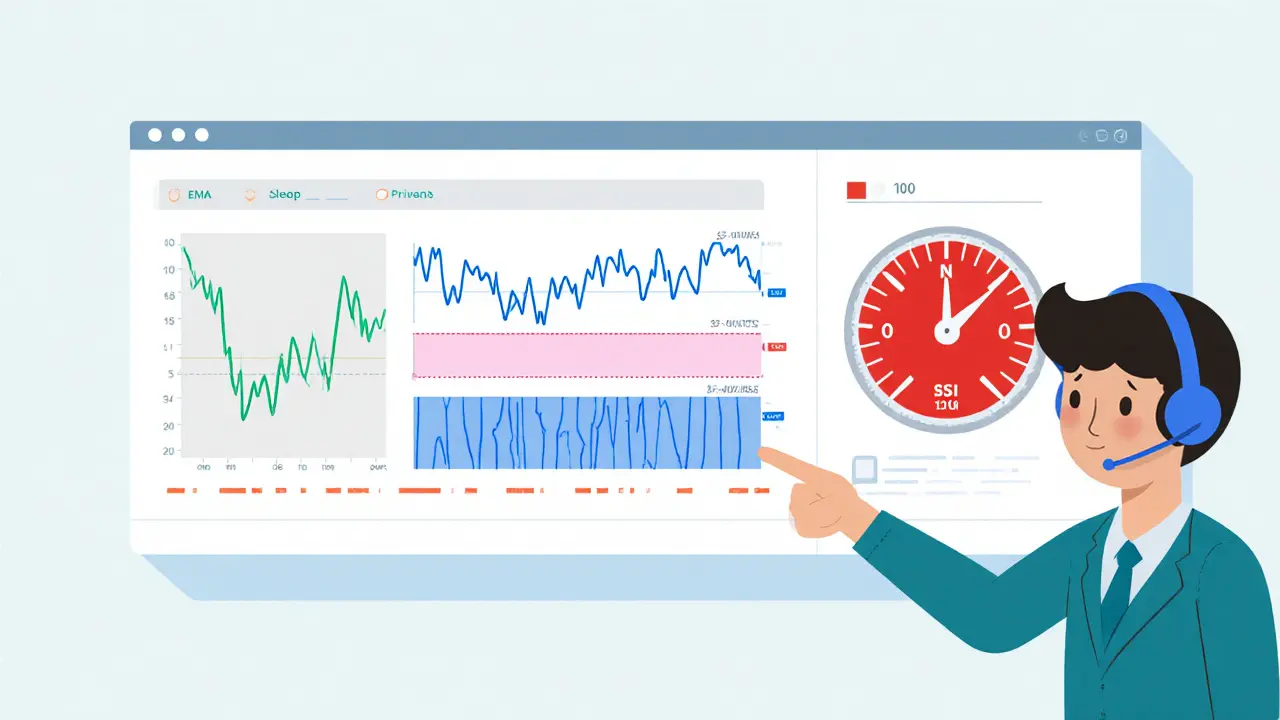 Minimalist screen showing EMA, Bollinger Bands, and RSI gauge.