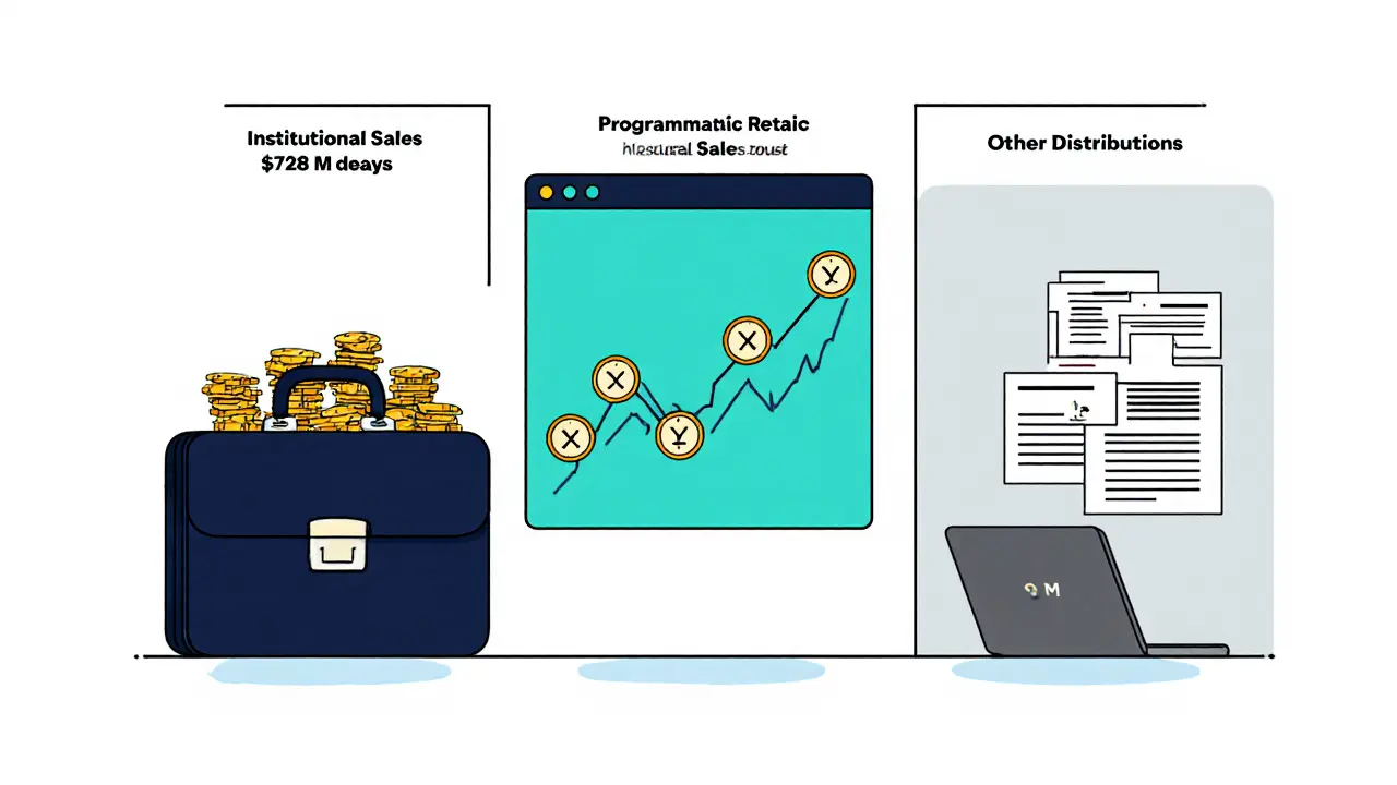 Three panels depicting institutional sales, retail exchange trades, and other distributions of XRP.