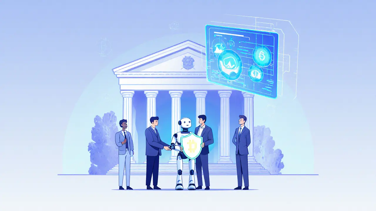 AI robot giving a shield to traders beside a regulatory building and cross‑margin platform.