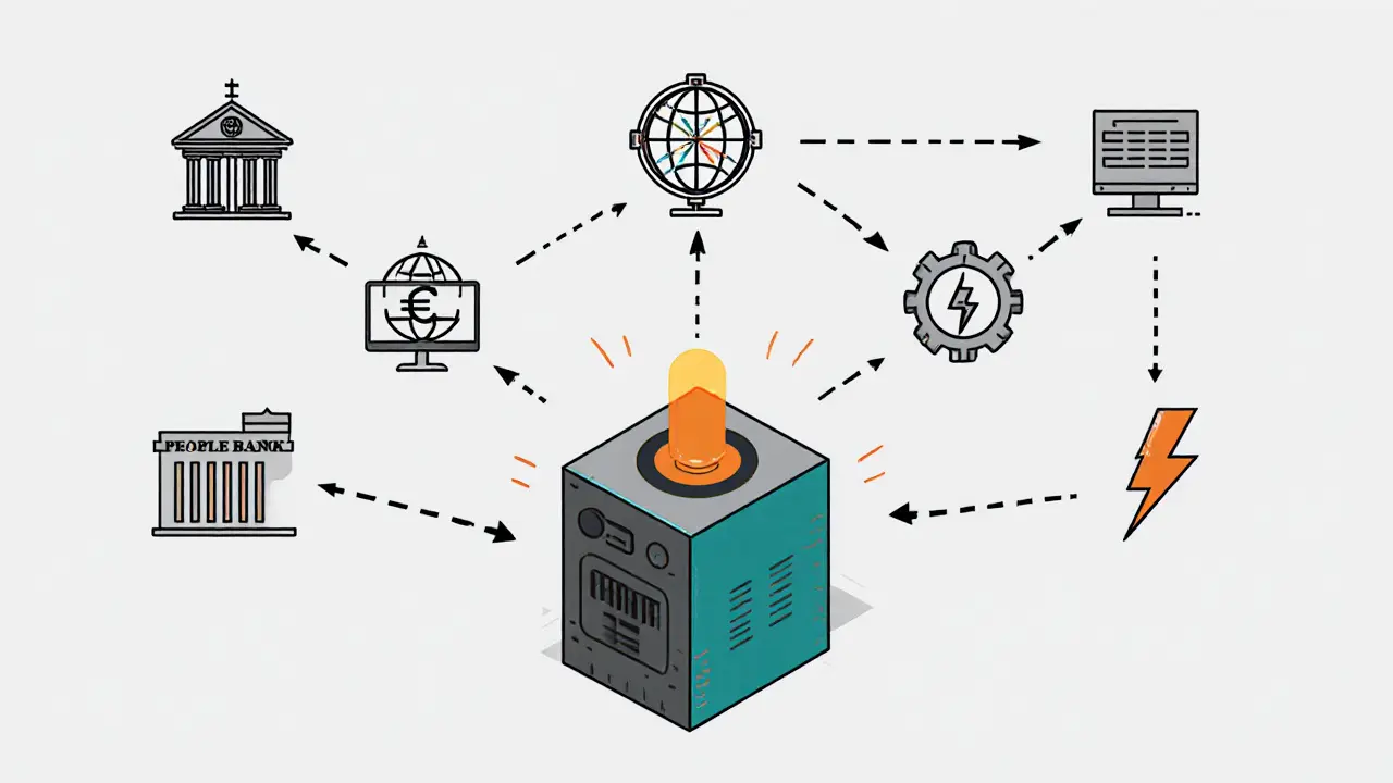 Cartoon icons depict Chinese agencies monitoring and shutting down crypto mining farms.
