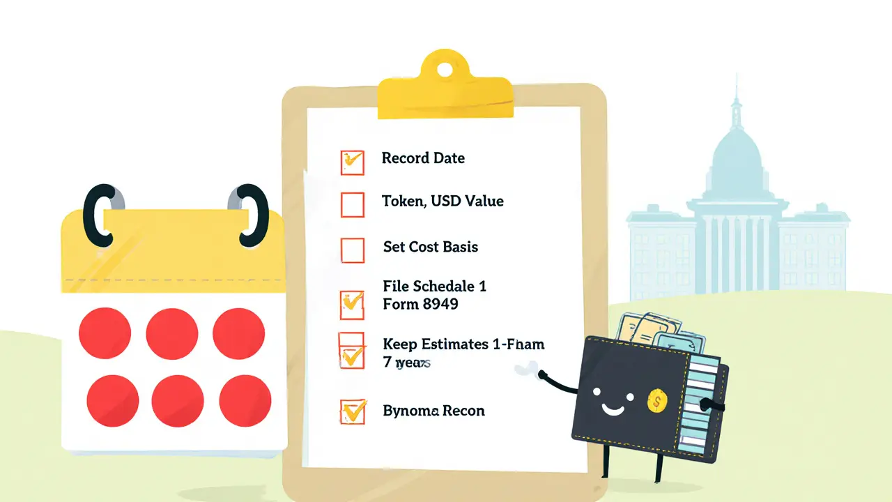 Checklist and calendar illustrating yield farming tax compliance steps.
