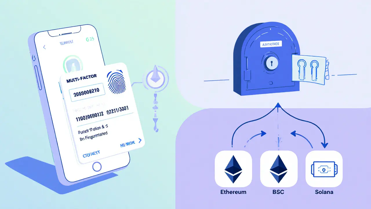 Diagram showing MFA, cold storage vault, multi‑sig wallet, and atomic swaps between blockchains.