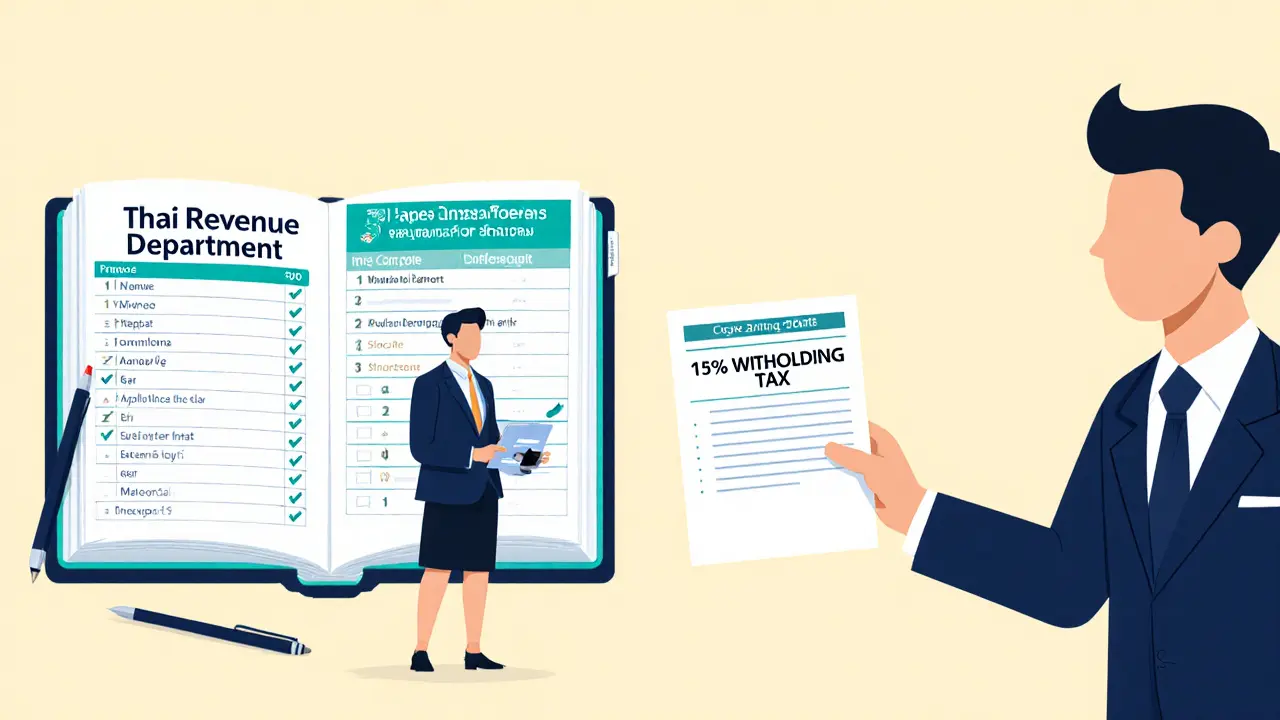 Foreign representative delivering 15% tax form to Thai client with ledger book.