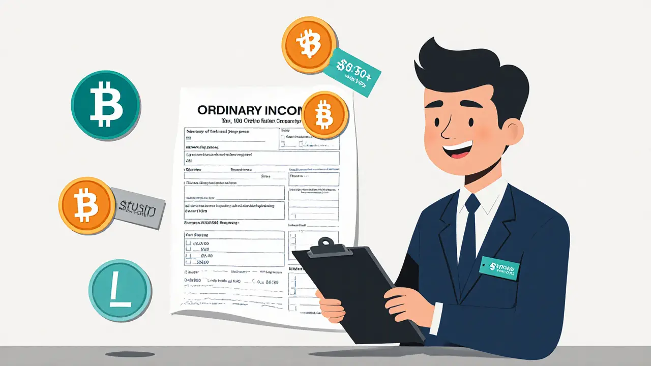 IRS agent labeling crypto reward tokens as ordinary income beside a tax form.