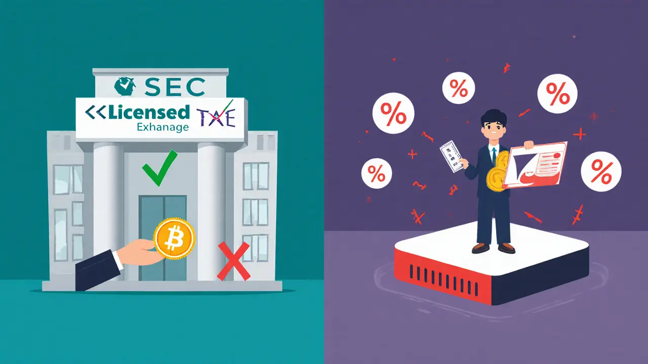Side‑by‑side comparison of licensed exchange (0% tax) vs unlicensed platform (tax brackets).