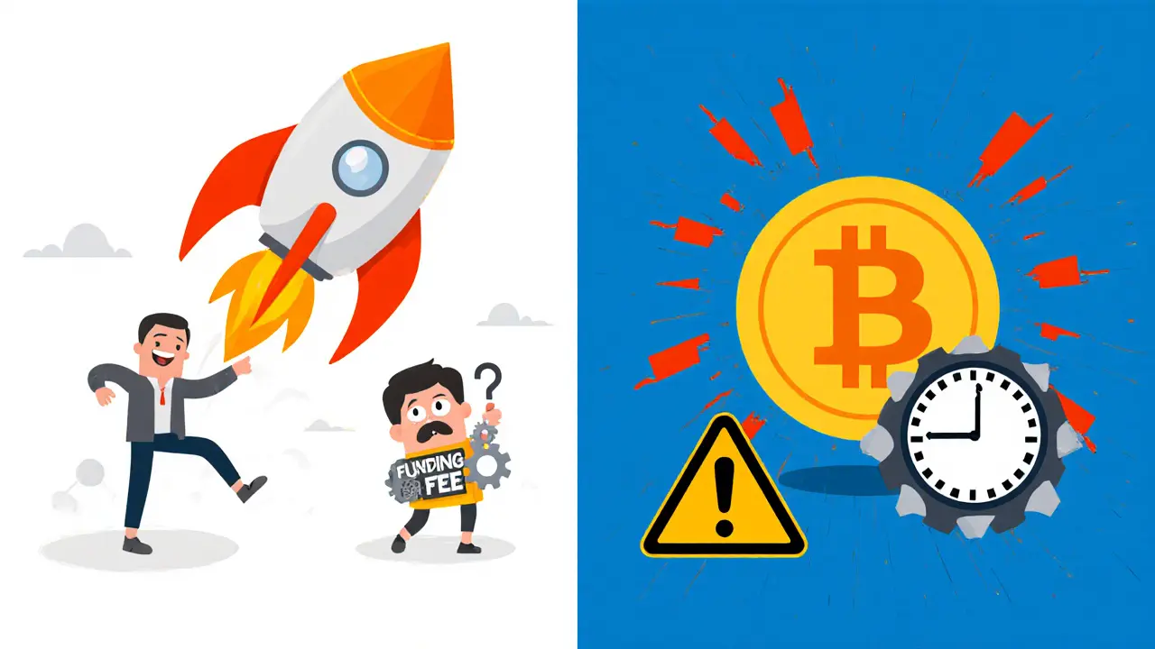 Split scene showing Bitcoin soaring with high leverage versus crashing with funding fee and ADL warnings.