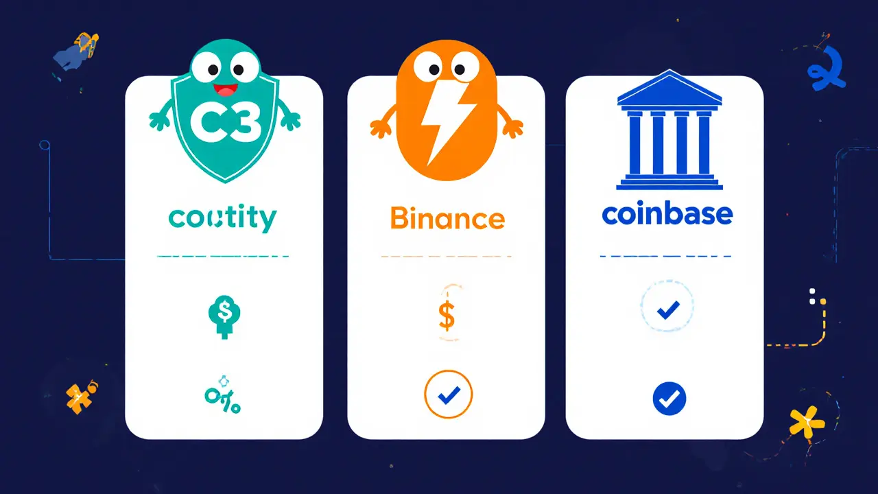 Three‑column cartoon comparison of C3, Binance, and Coinbase with key feature icons.