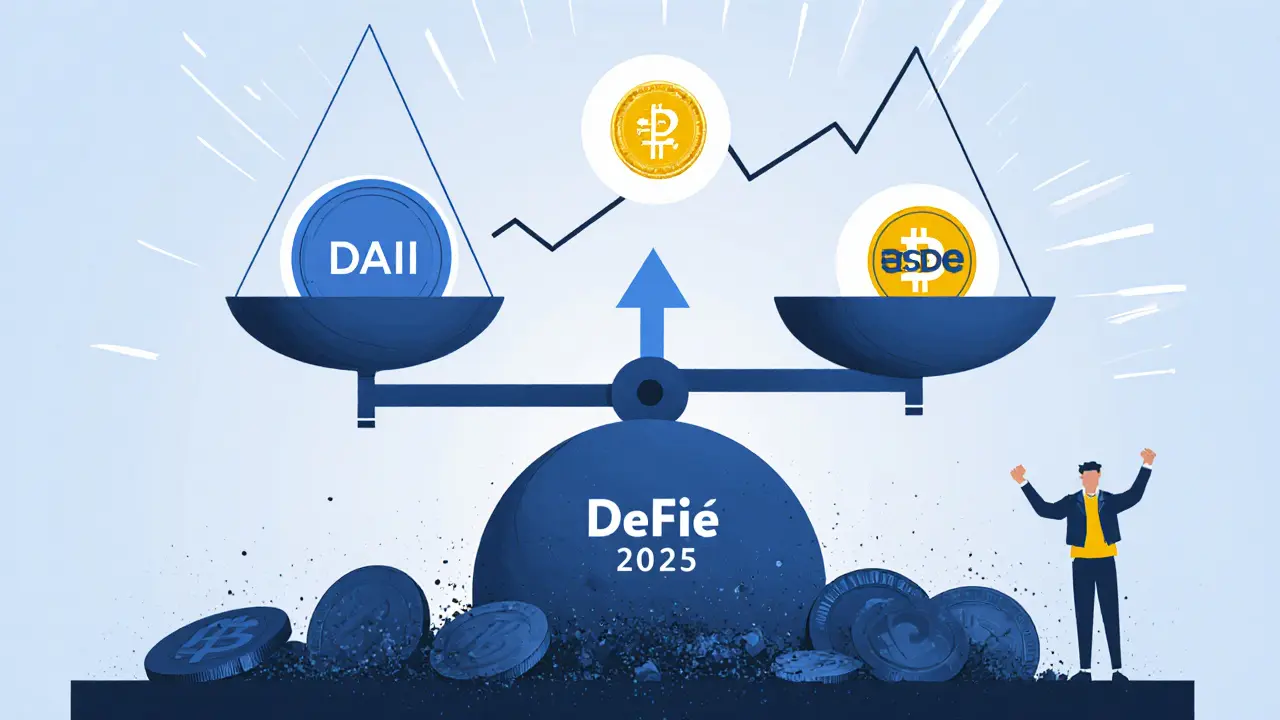 A balance scale with DAI and USDC, and USDe rising above, symbolizing DeFi stability and yield in 2025.