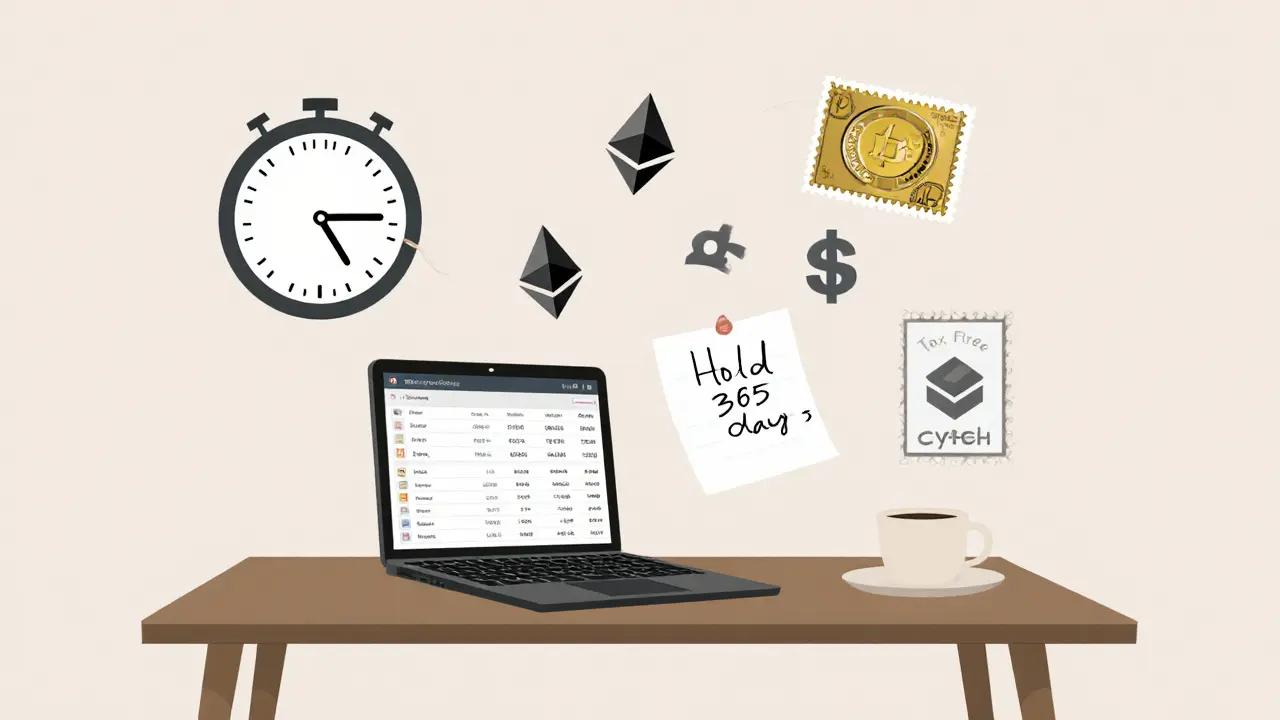 A minimalist desk in Lisbon with crypto portfolio, coffee, and a note saying 'Hold 365 days' for tax-free gains.