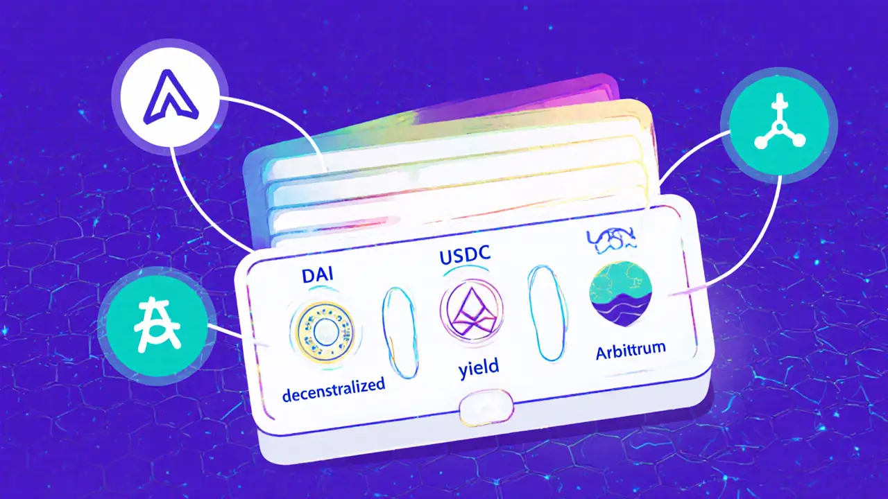 A modular wallet with three compartments for DAI, USDC, and USDe, connected to DeFi protocol icons.