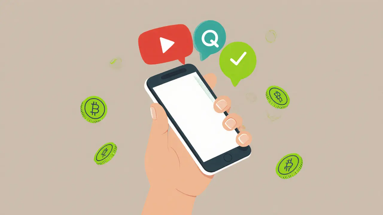 A smartphone showing a Learn2Earn quiz with SCH tokens floating above.