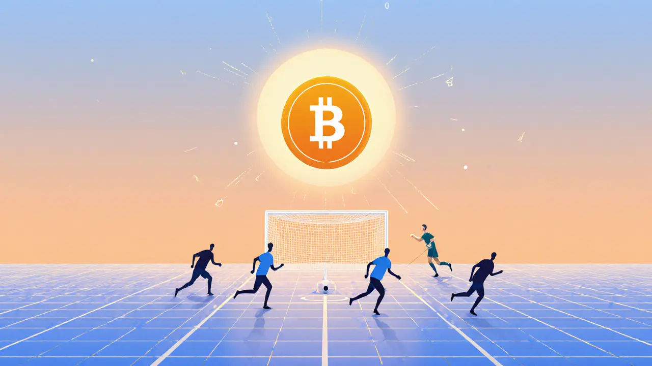 A soccer field with NFT players on a blockchain network, SCH token as the sun.
