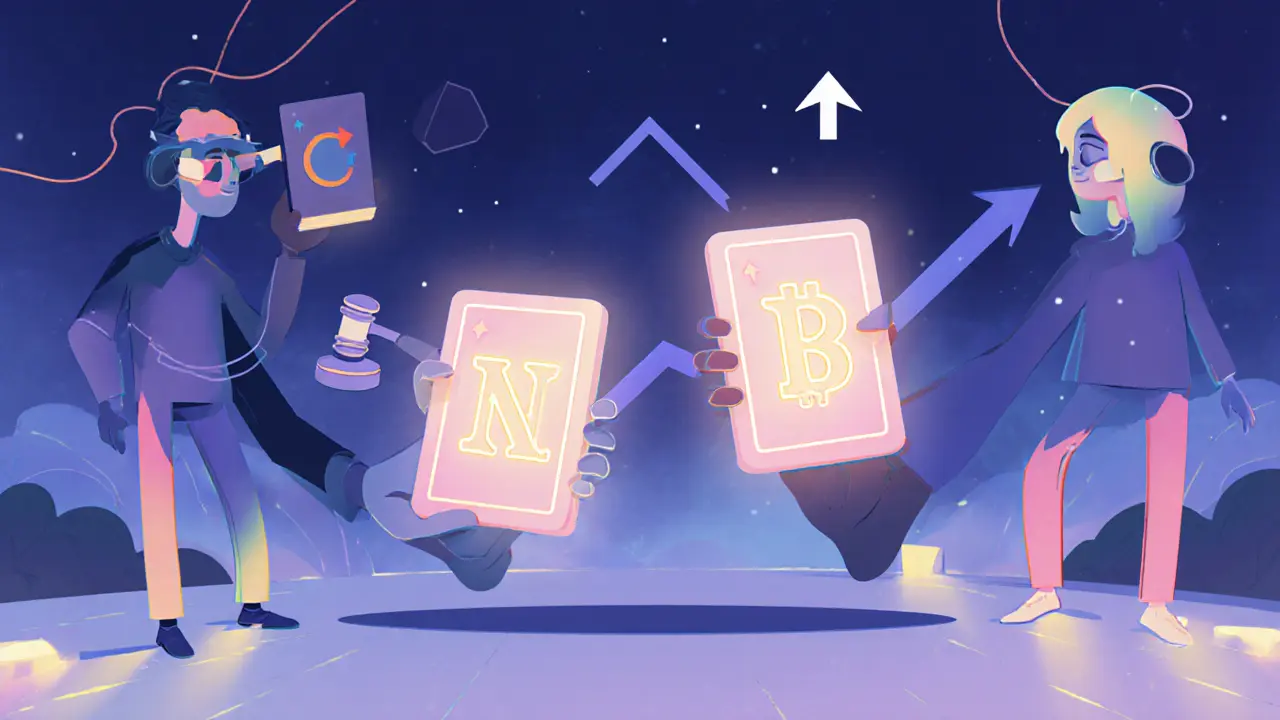 Avatars with hybrid NFT cards, upward arrow, and gavel representing future growth and regulation.