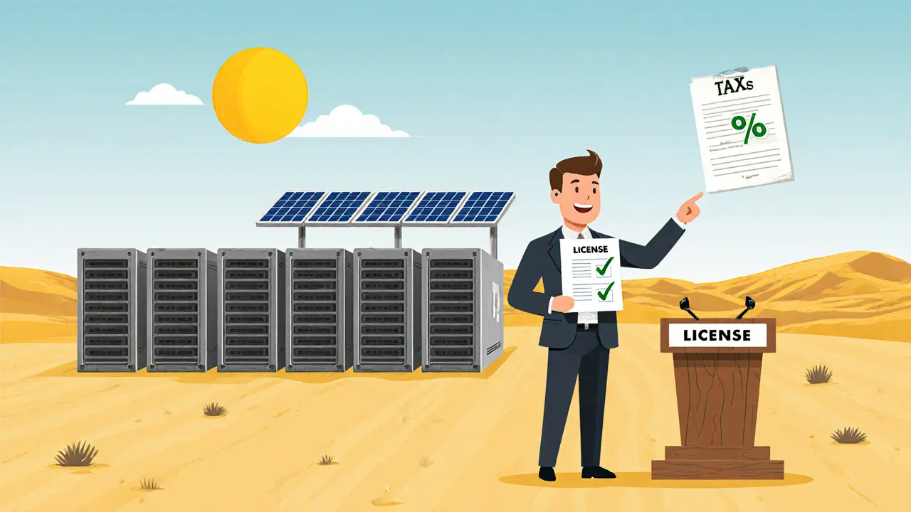 Cartoon mining farm with ASIC rigs, solar panels, and a regulator handing a license checklist.