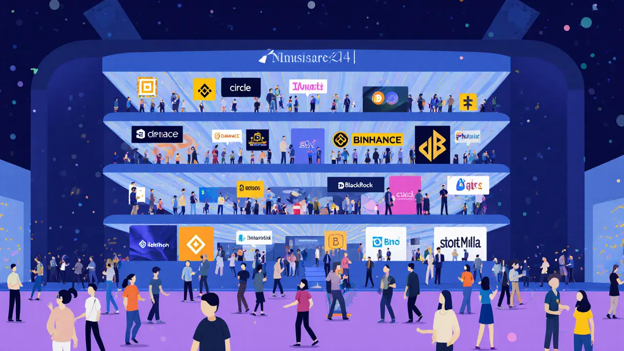 Cartoon of TOKEN2049 conference inside Marina Bay Sands with bustling attendees.