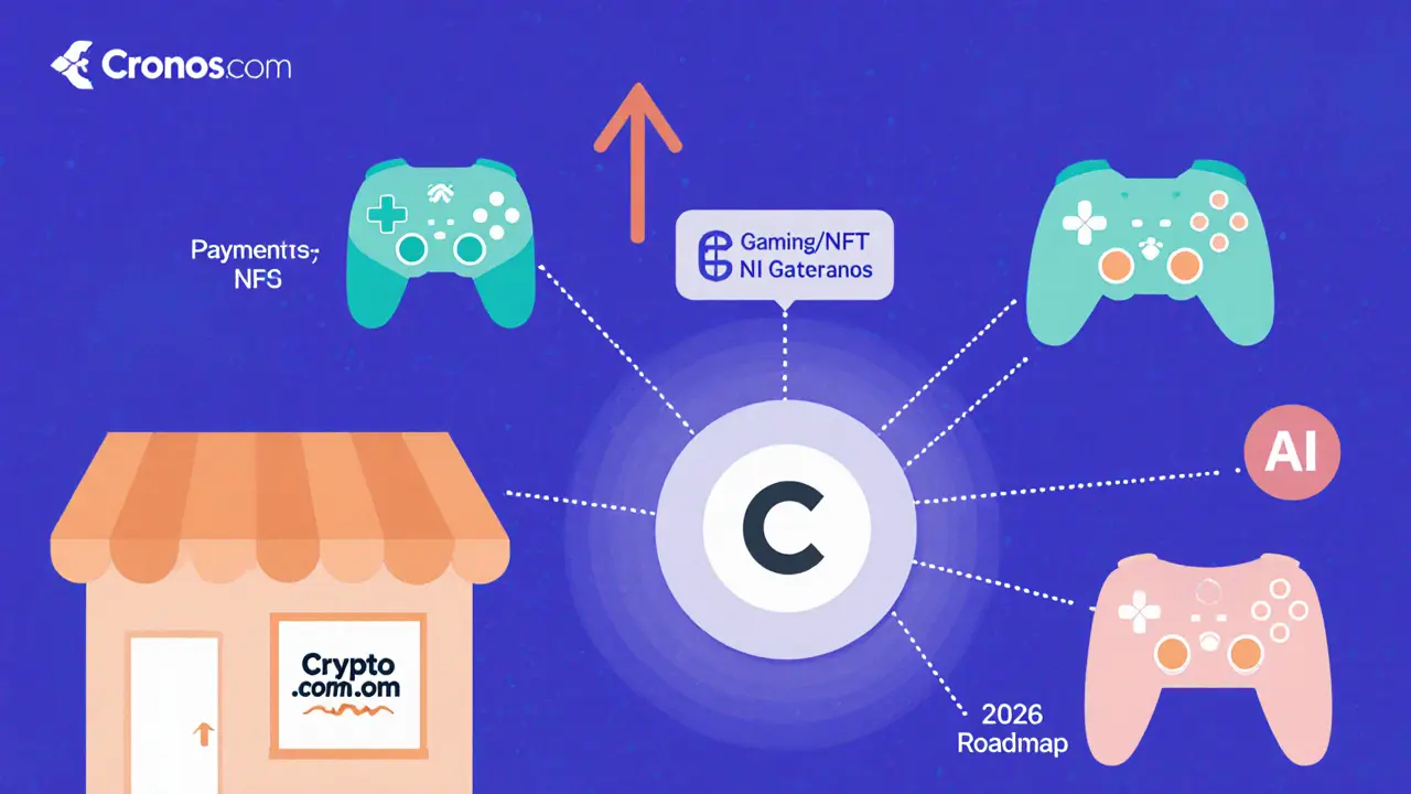 Cartoon scene of a shop, gaming controller, and AI brain linked to the Cronos network.