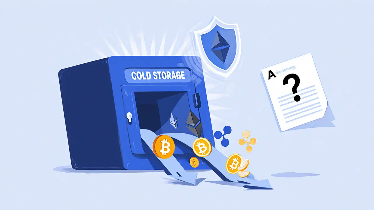 Crypto icons moving into a vault labeled Cold Storage with an absent audit symbol.