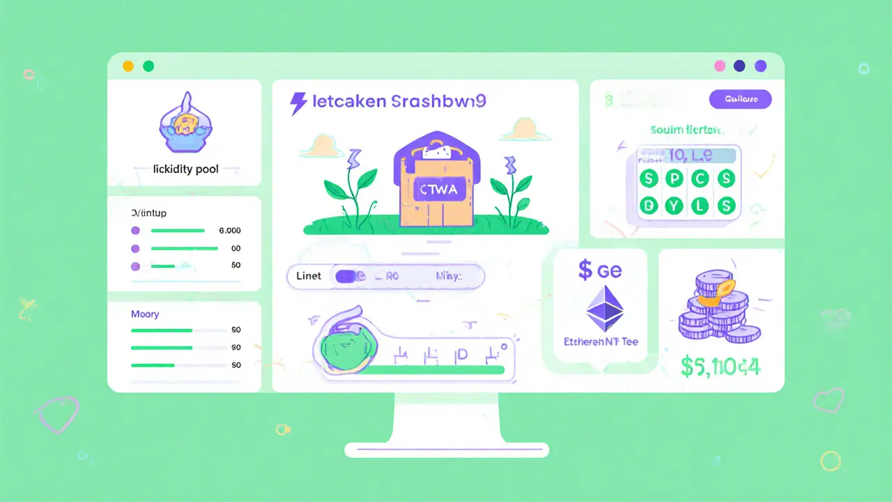 Dashboard panels illustrating trading, farming, lottery, NFT, and fee comparison.