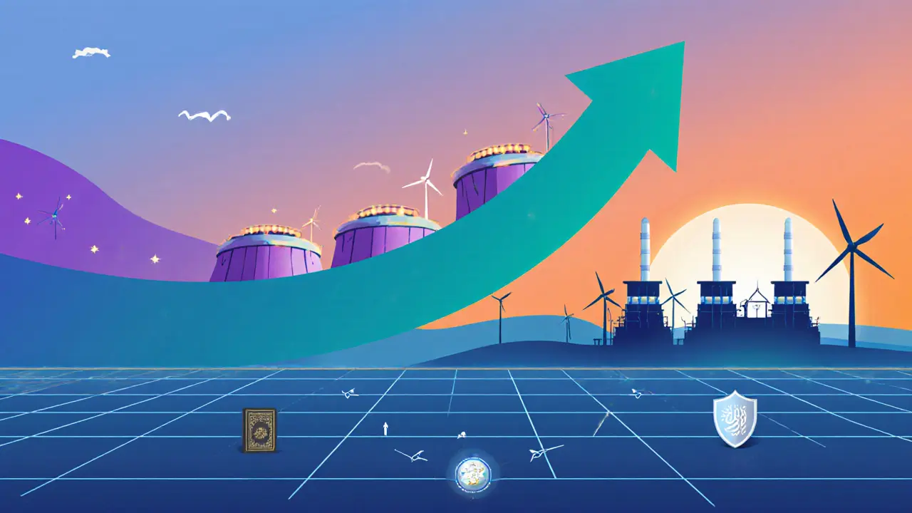 Future mining hub scene with glowing facilities, upward growth arrow, and renewable energy icons.
