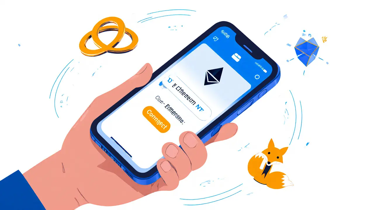 Hand holding a smartphone showing a wallet interface with network icons and a claim button.