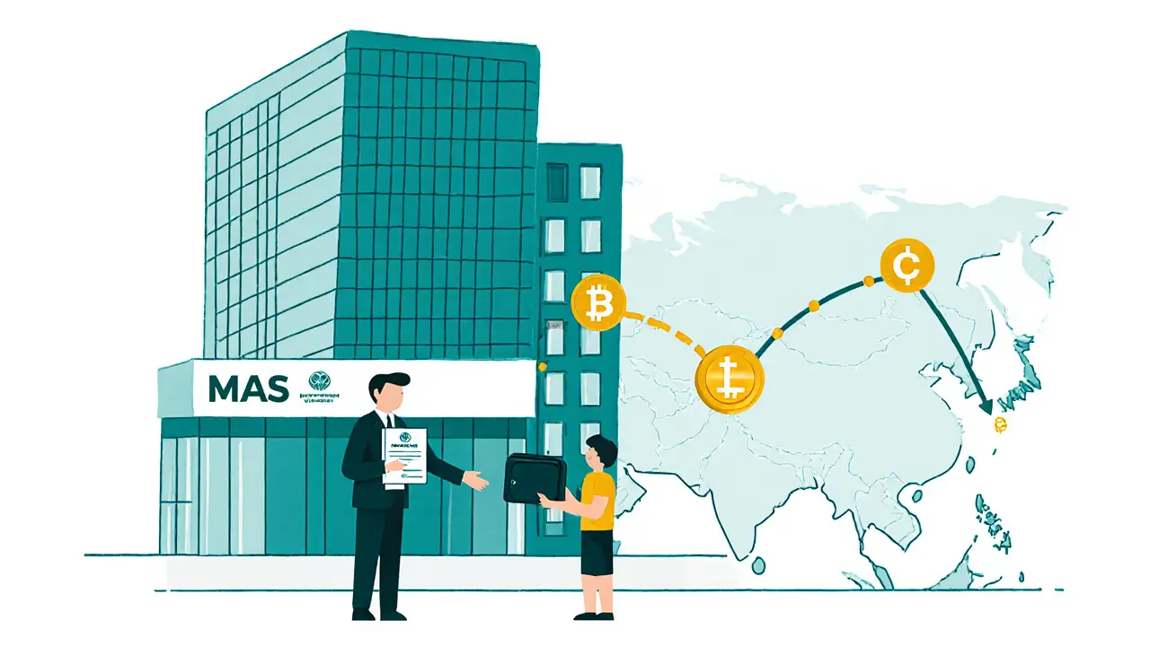 MAS building handing a license to a startup, with stablecoin flow map to China.