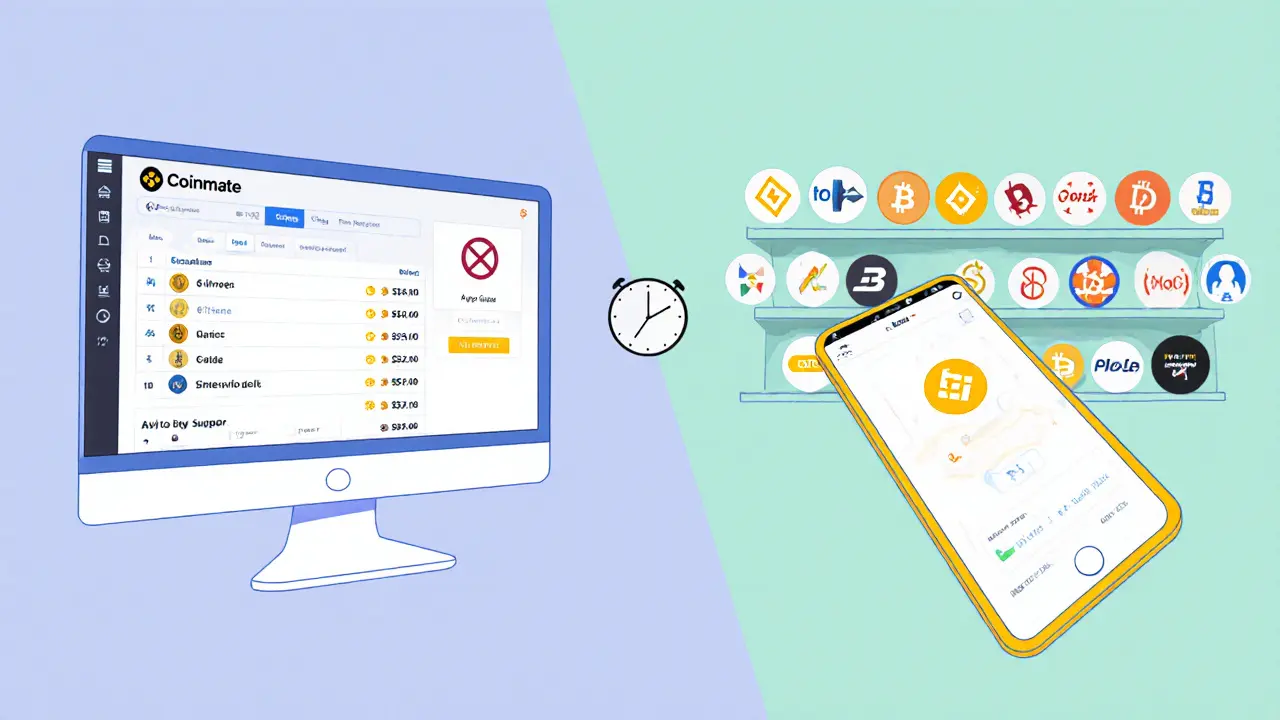 Minimalist cartoon comparing Coinmate's limited coins and no app to larger exchanges.