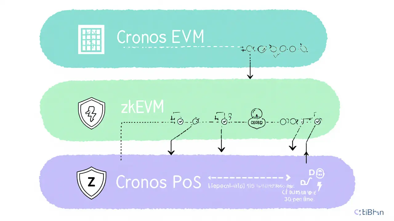 Minimalist cartoon showing three stacked layers for EVM, PoS, and zkEVM with validator icons.