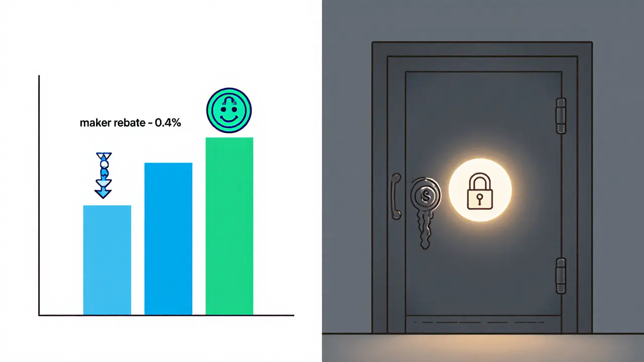 Minimalist illustration showing a fee rebate chart and a security vault with 2FA lock.