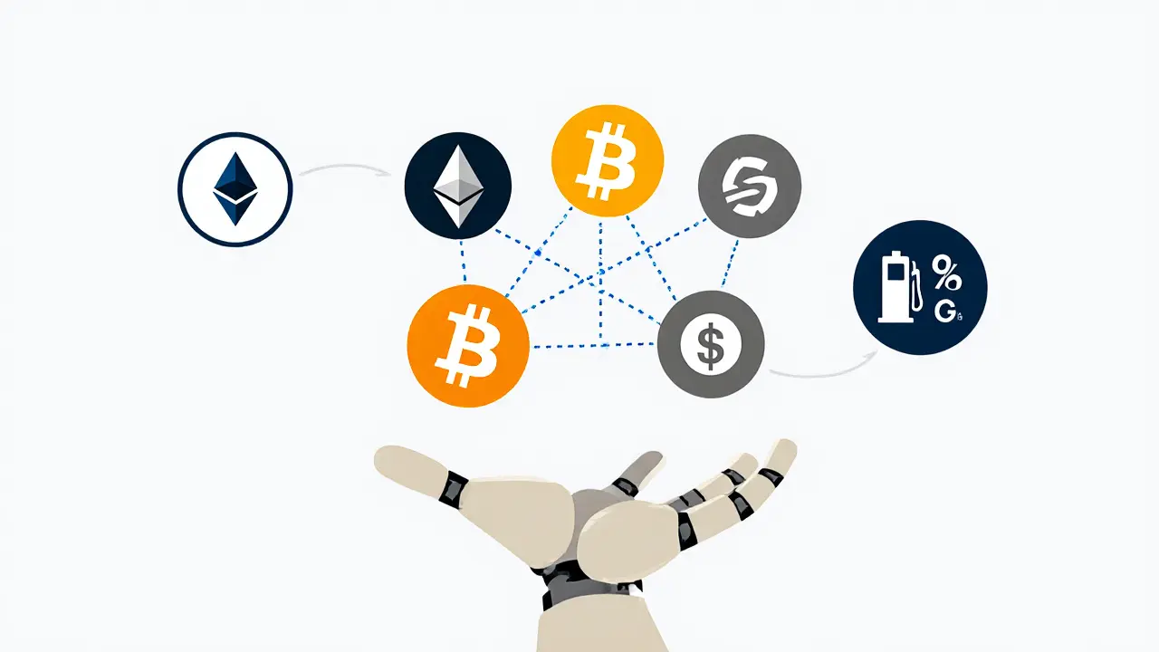 Robotic hand automating crypto tokens with zero‑fee badge and gas icon.