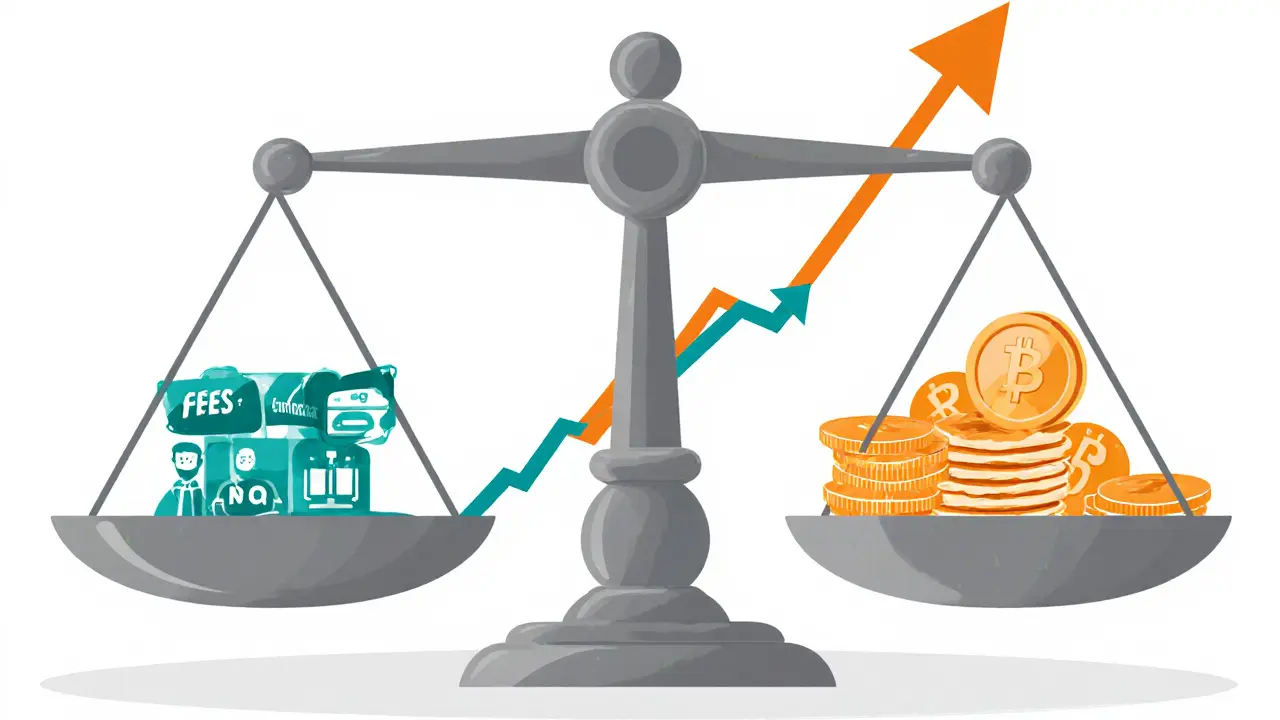 Scale balancing PancakeSwap pros and cons with an upward TVL growth chart.