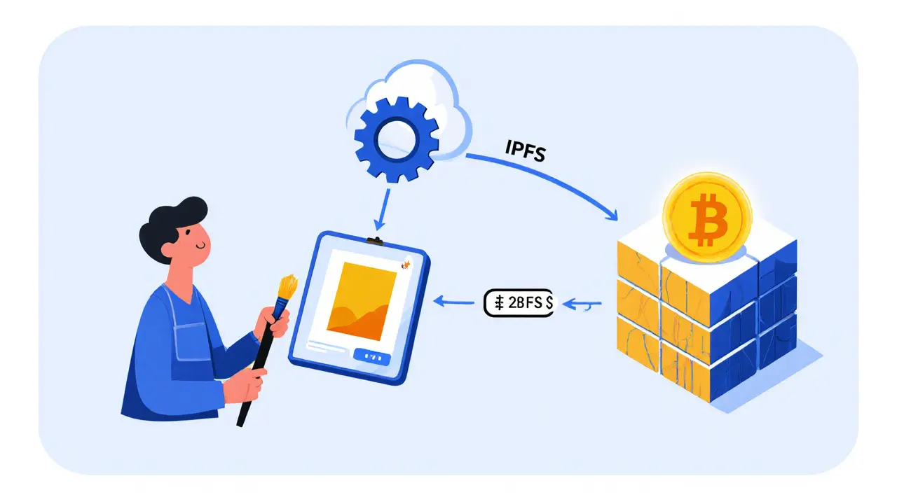 Simplified minting process showing artist uploading art, smart contract, IPFS cloud, and blockchain token.