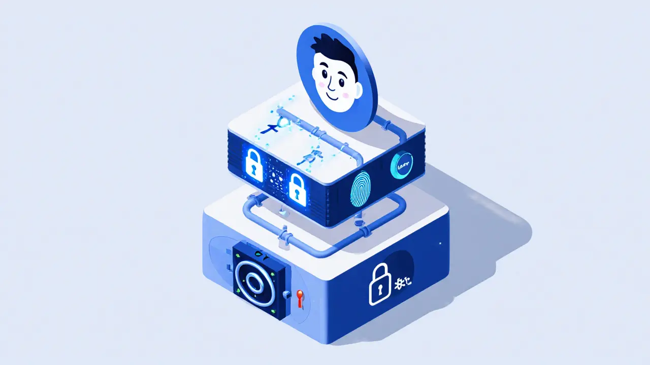 Stacked security layers: vault lock, TLS data flow, biometric scanner, and ZKP icon.