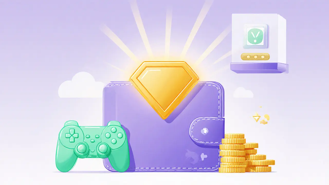 Superhero NFT badge on a digital wallet surrounded by game and staking icons.