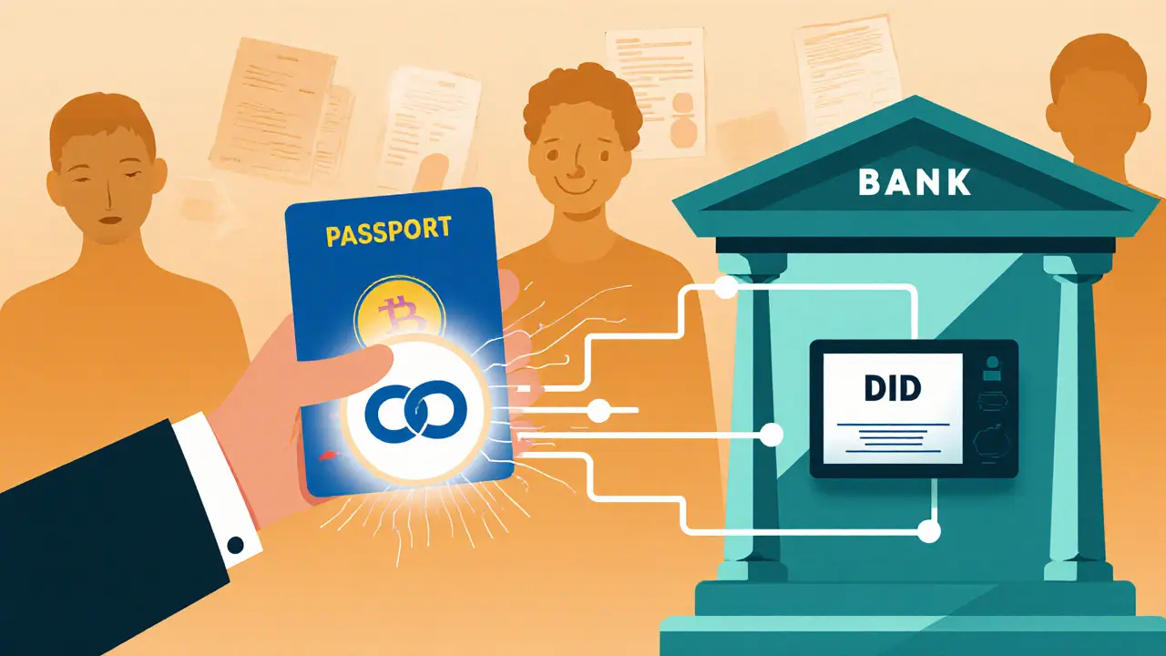 User offering a blockchain digital ID to a bank kiosk with glowing connections.