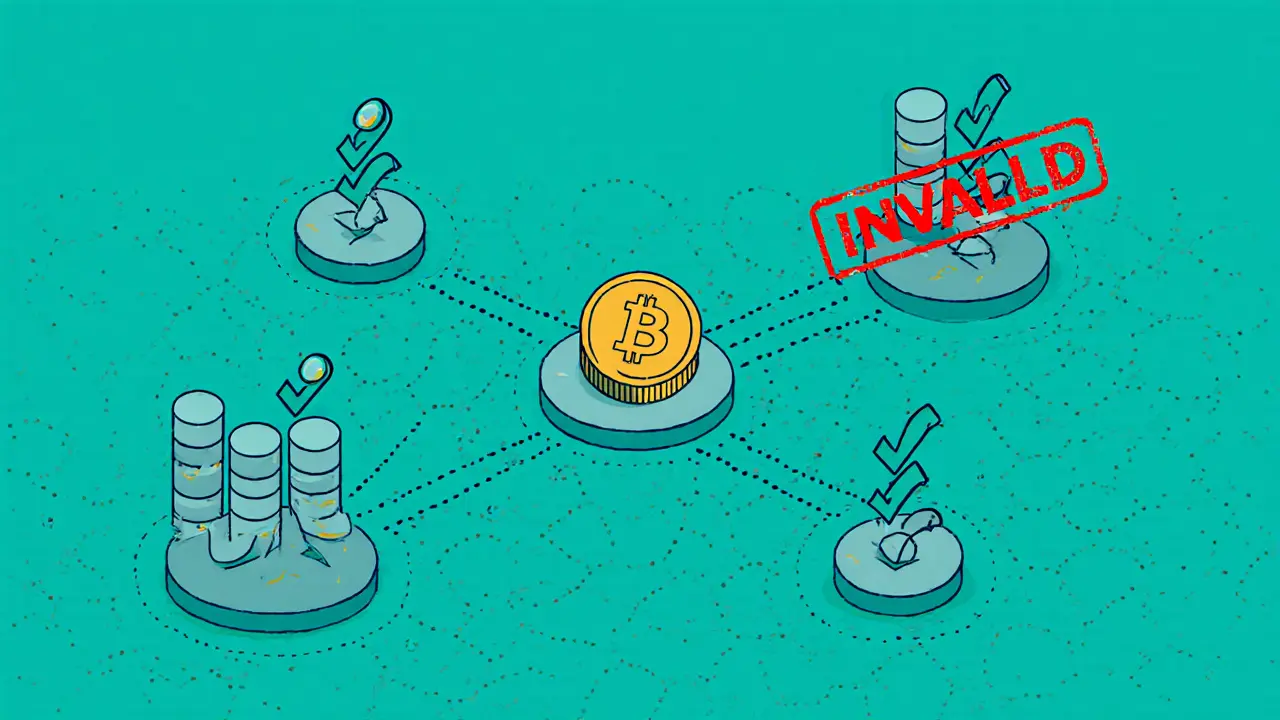 A Bitcoin transaction being verified by multiple nodes, with one rejected, in clean minimalist style.