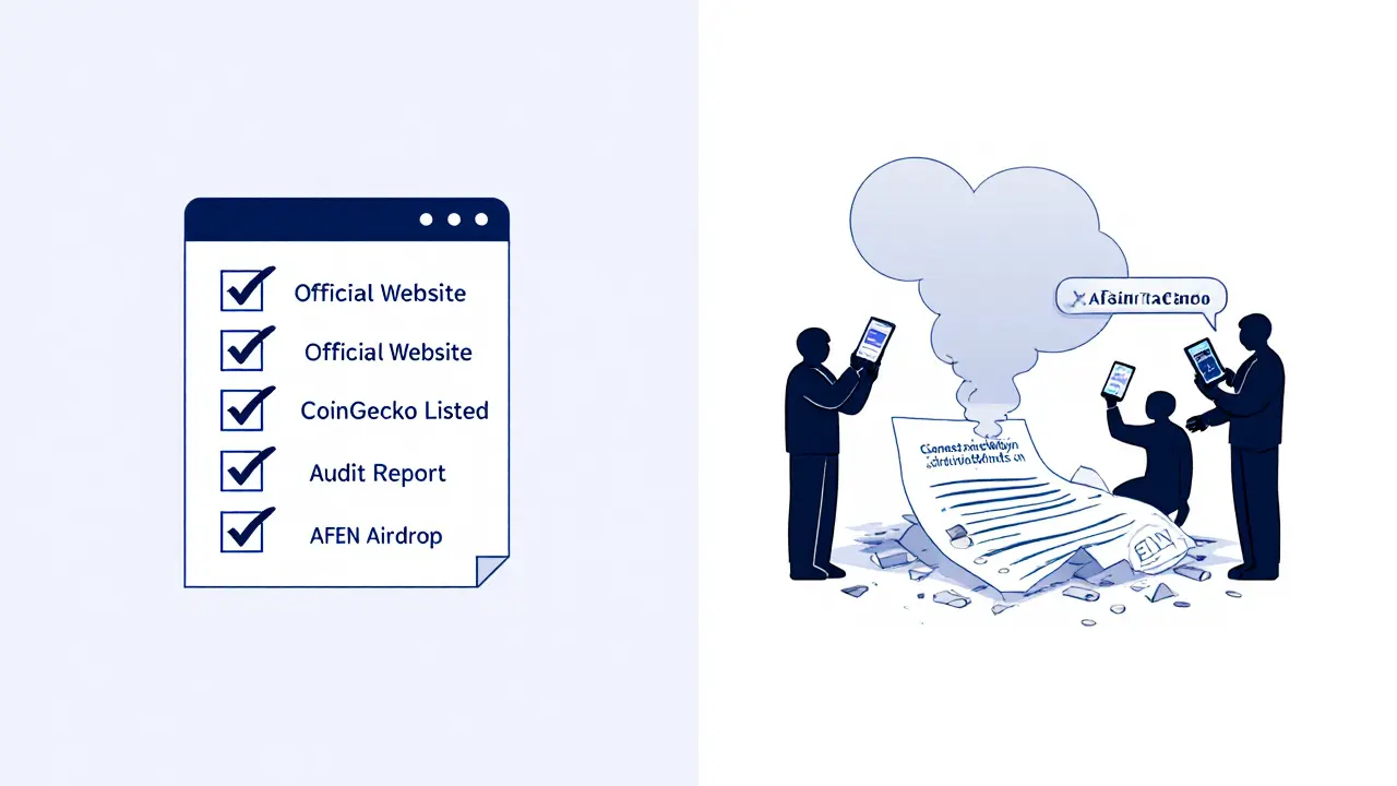 A clean checklist beside a crumbling &#039;AFEN Airdrop&#039; paper, symbolizing real vs. fake crypto opportunities.
