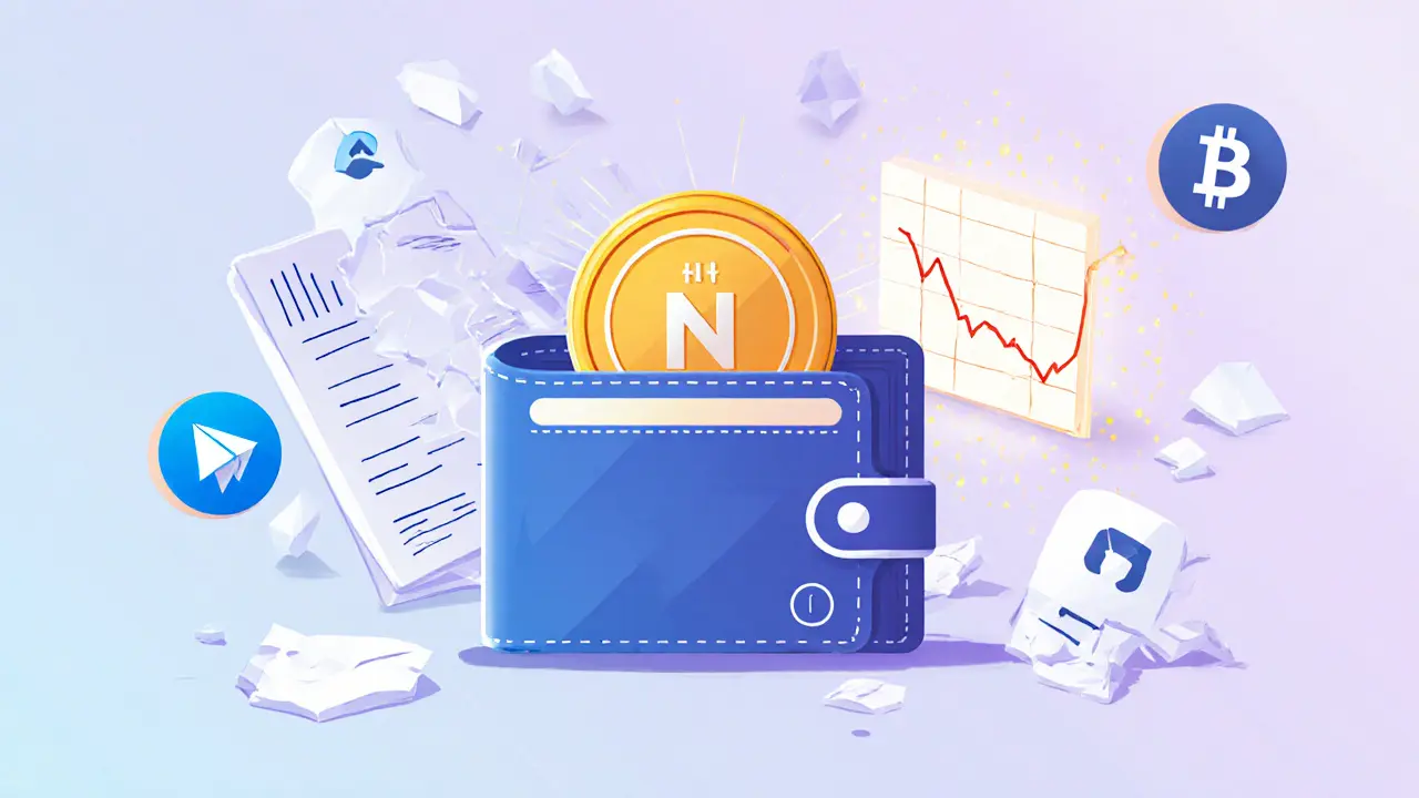 A crypto wallet holds one NUX token amid crumbling roadmaps and silent GitHub and Telegram icons.