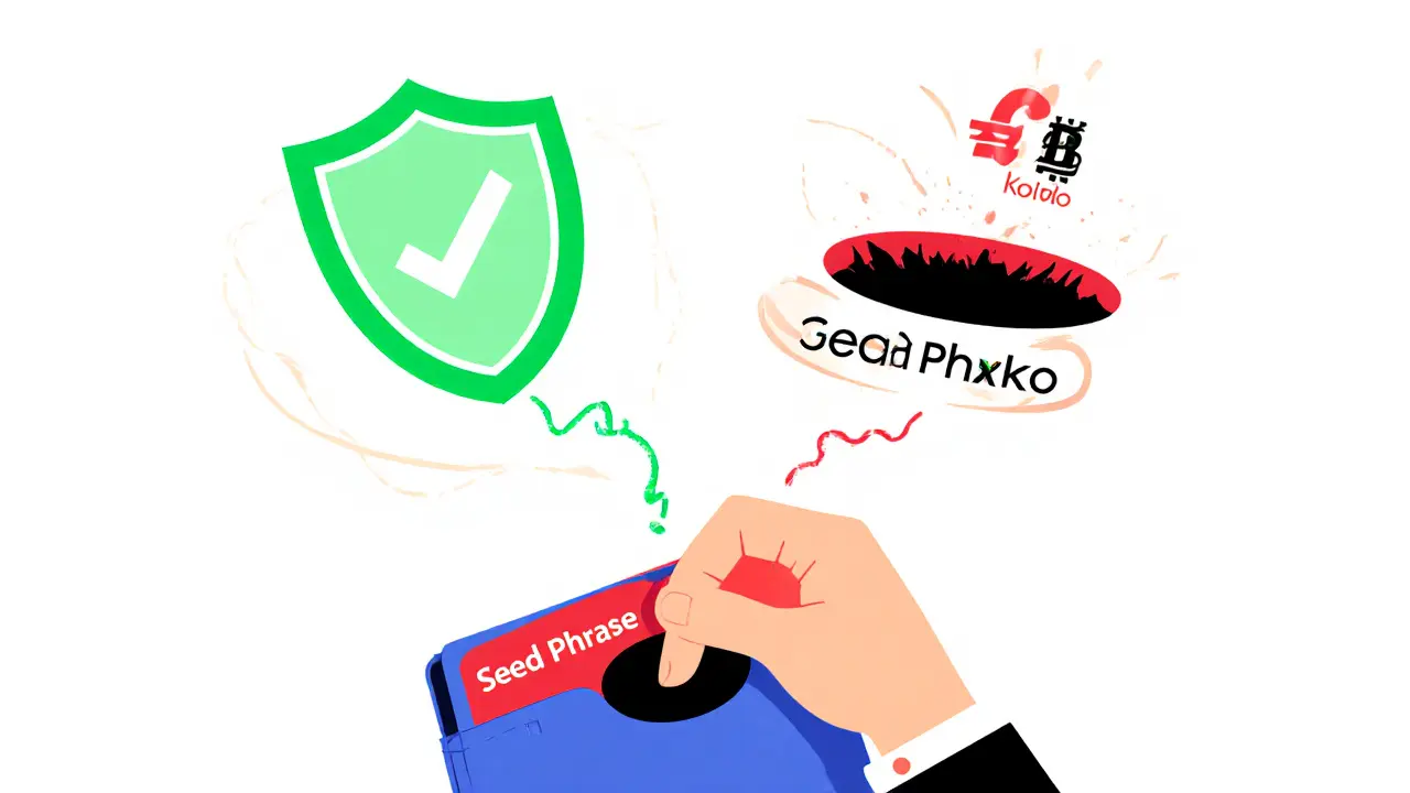 A hand choosing between a safe path to verified platforms and a dangerous black hole labeled &#039;Seed Phrase&#039;.