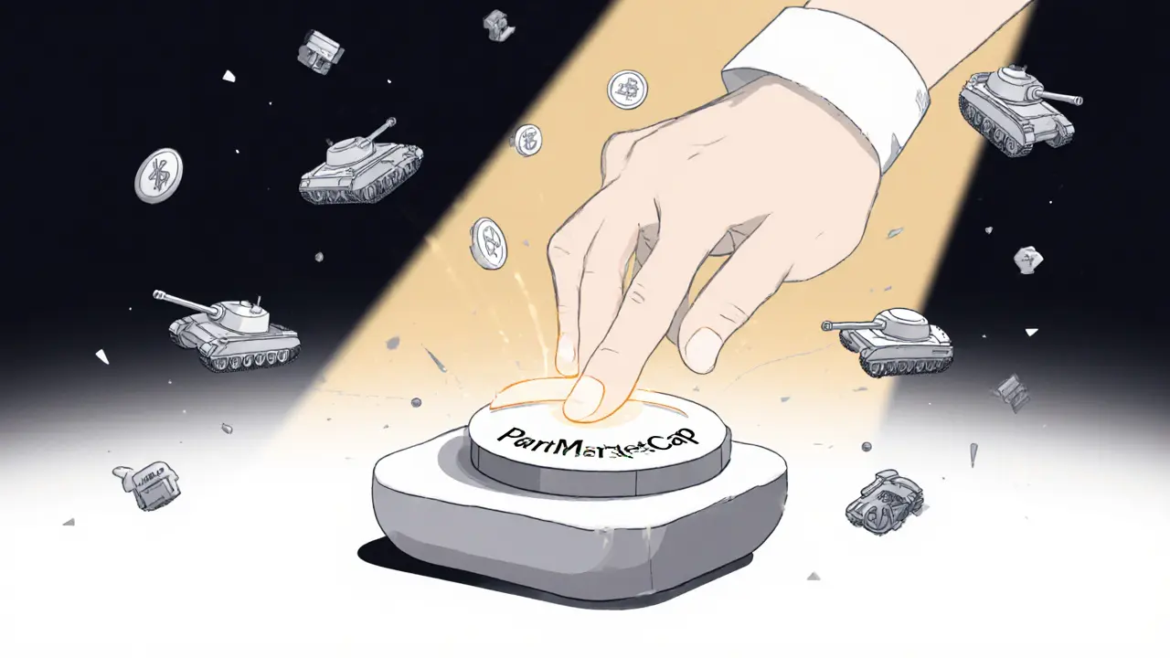 A hand clicking a &#039;Participate&#039; button with tiny tank icons rising into the air.