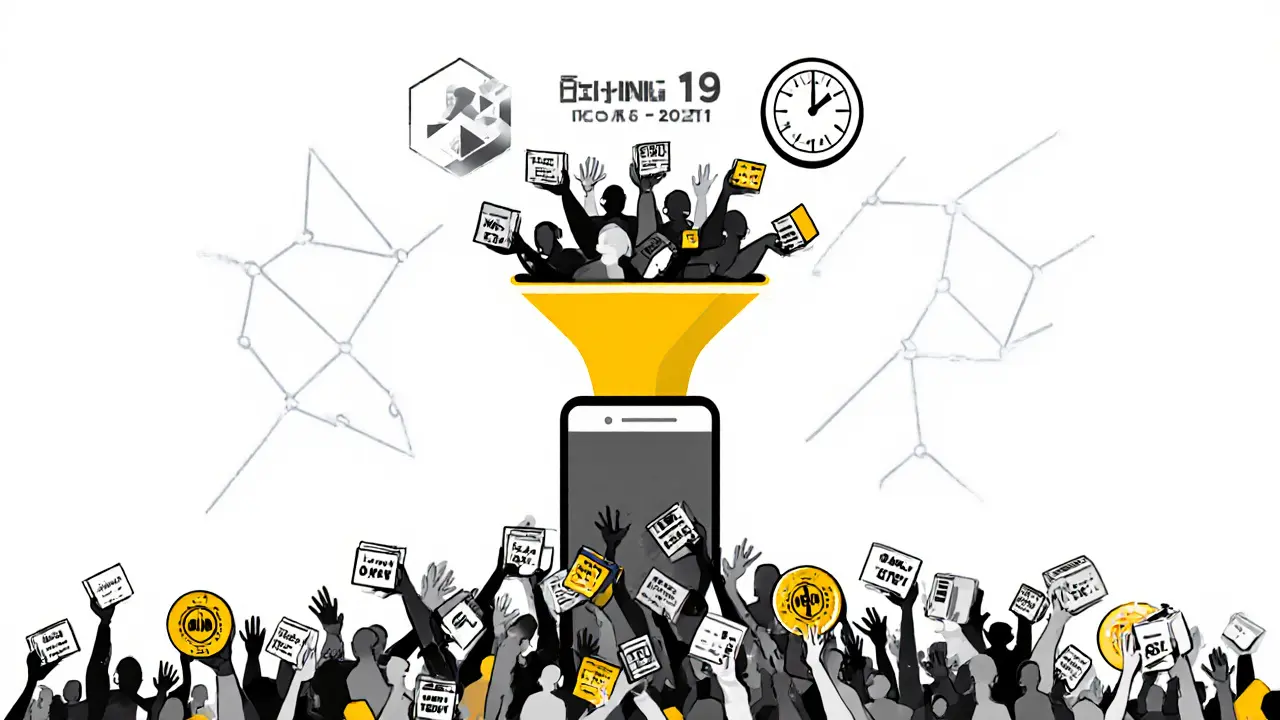 A massive crowd flows into a football app, only a fraction emerge with reward boxes.