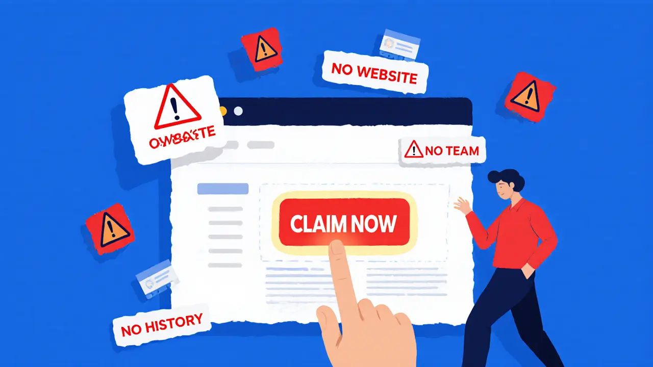 A person about to click a fake airdrop button surrounded by warning signs of fraud.