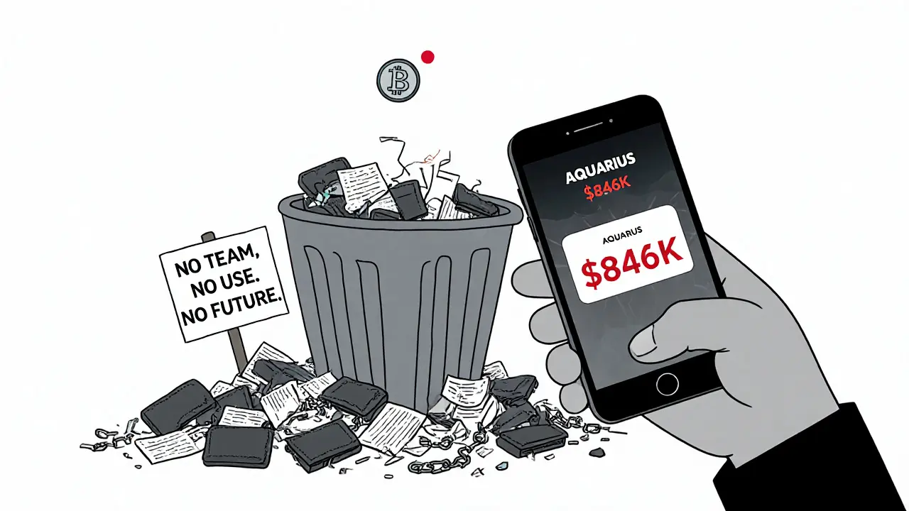 A person misled by a fake crypto market cap, surrounded by discarded wallets and empty promises.