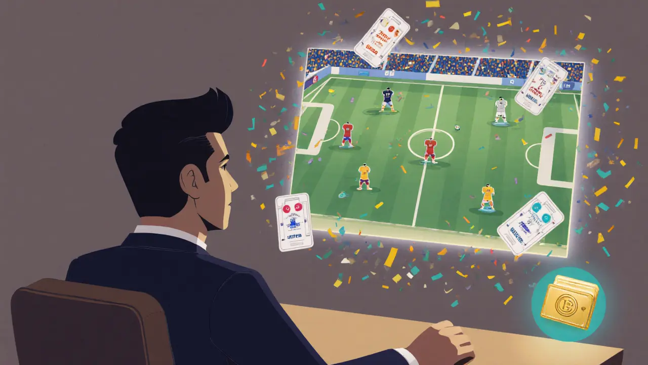 A person watching an AI-powered football match with digital upgrades floating nearby.