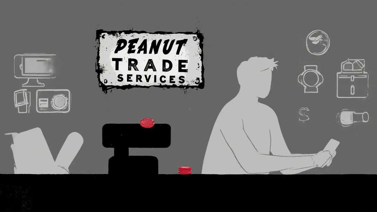 An empty digital marketplace with a faded sign for Peanut Trade and a single ghostly token on the counter.