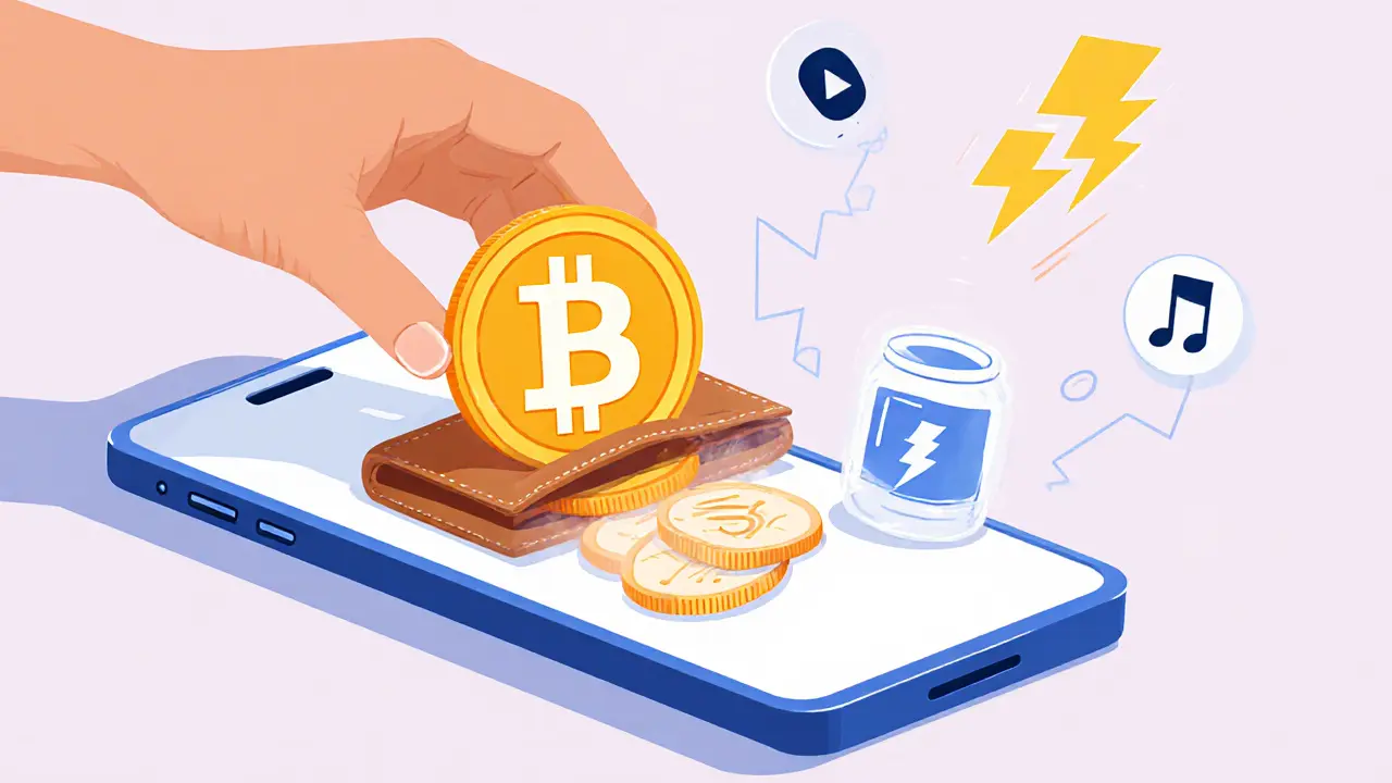 Bitcoin coin entering a wallet with micropayments flowing to a tip jar, article, and smart fridge.