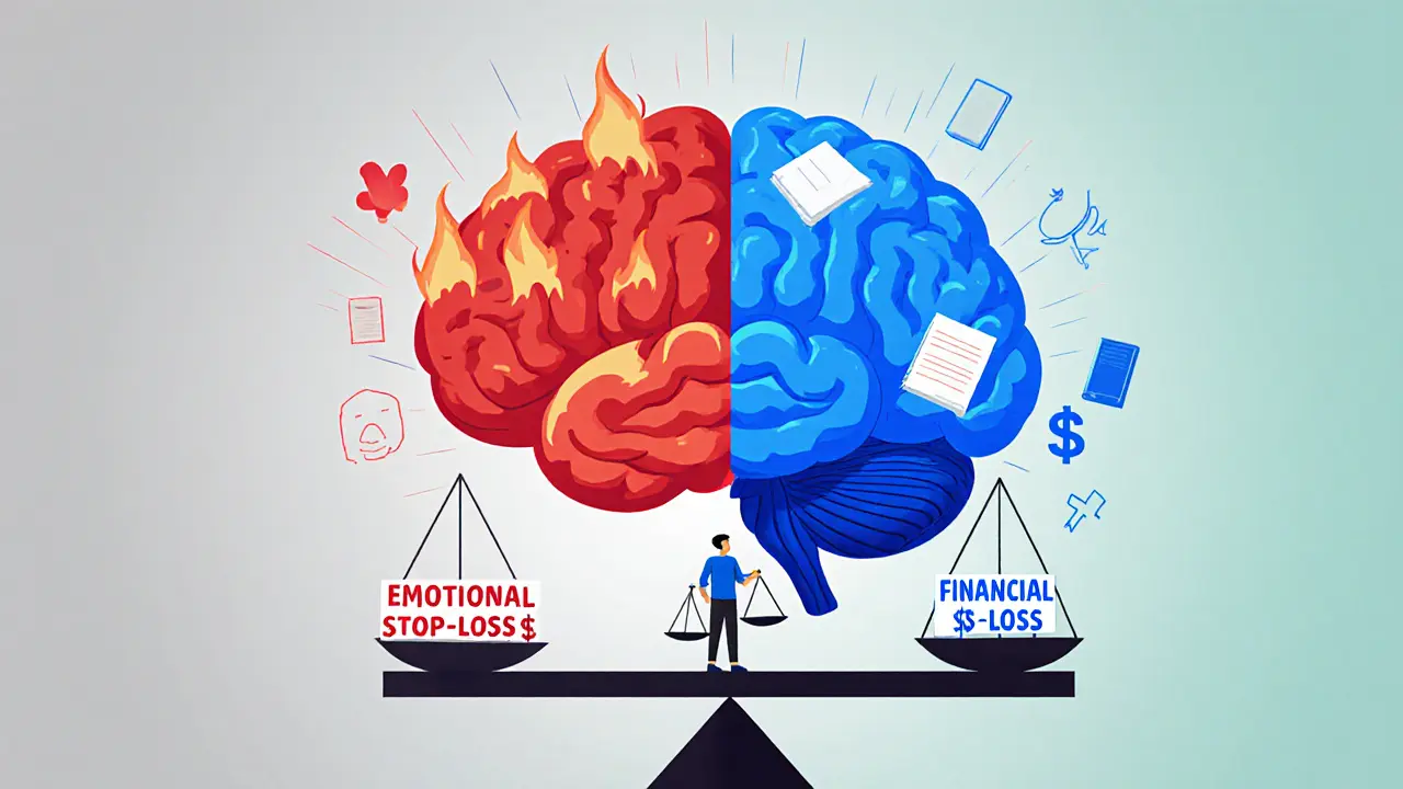Brain split between fear and calm, with trader balancing emotional and financial stops.