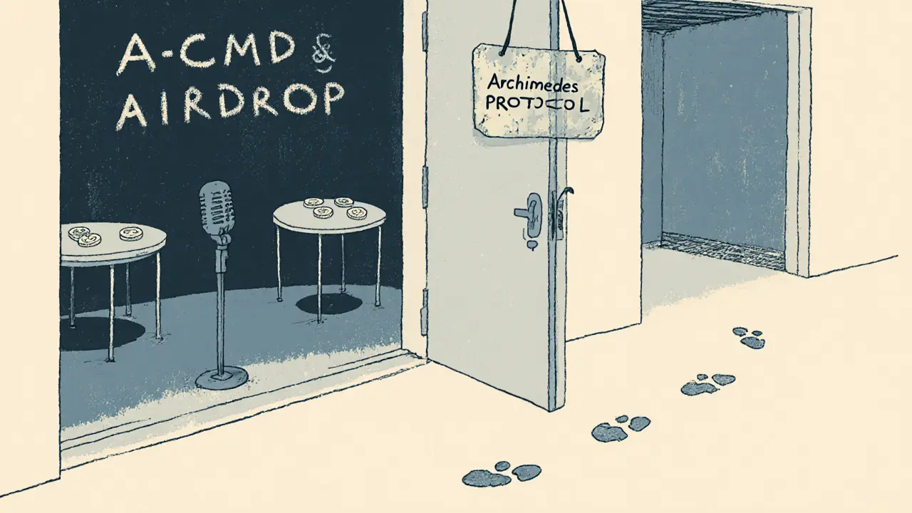 Closed party door with faded airdrop sign and empty tables inside.