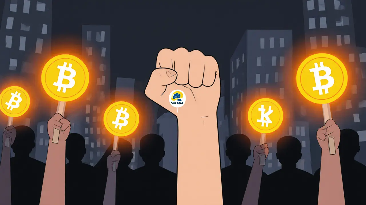 Crowd holding FCK925 tokens as protest signs against shadowy office buildings